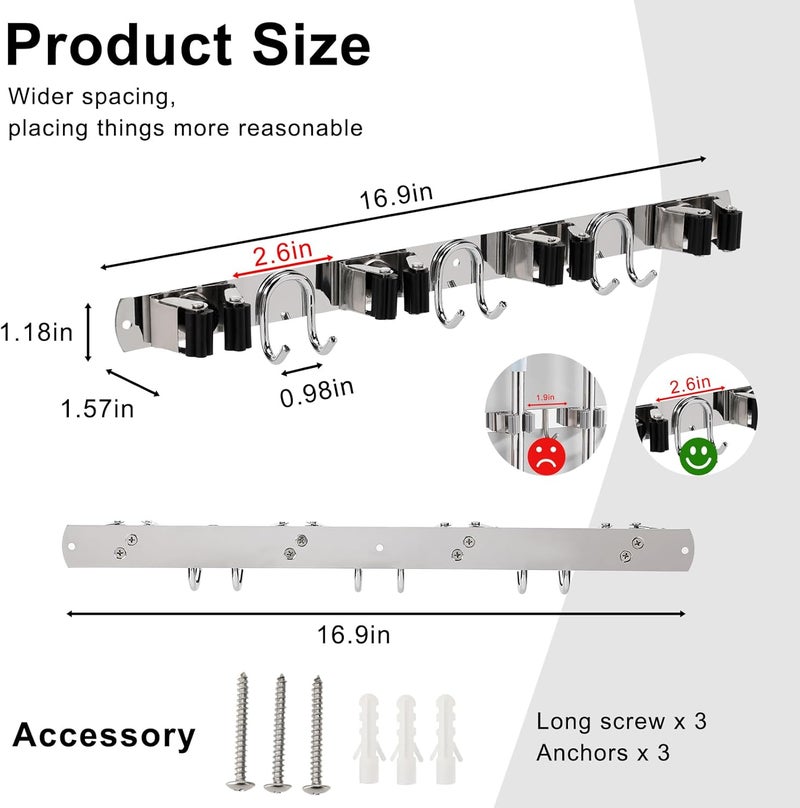 GUUKAR Mop Broom Holder Wall Mount, Silver Stainless Steel Tool Storage Organizer for Kitchen Garden Garage Laundry Room Bathroom and RV with 4 Slots 6 Hooks - Image 3